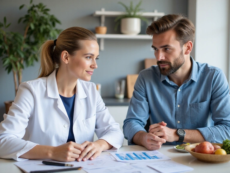 Dietetyk rozmawiający z pacjentem i analizujący dokumenty medyczne